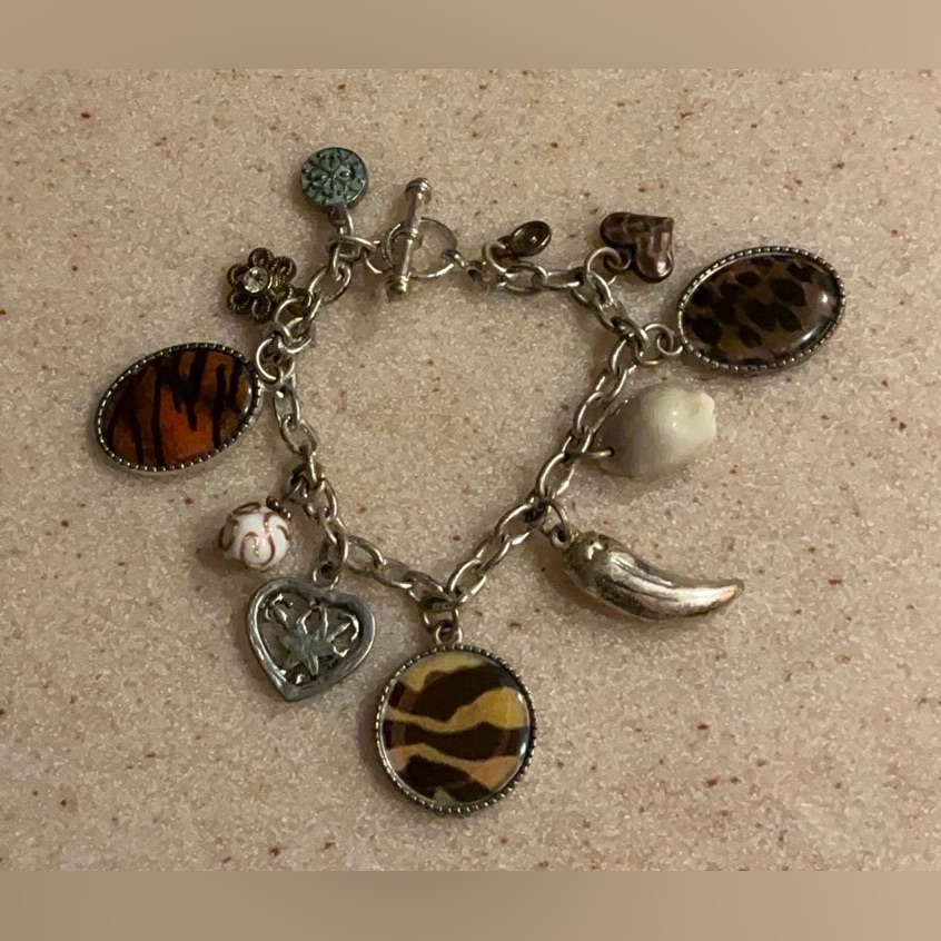 Aai Signed Charm Bracelet With Beads Flowers Animal Print